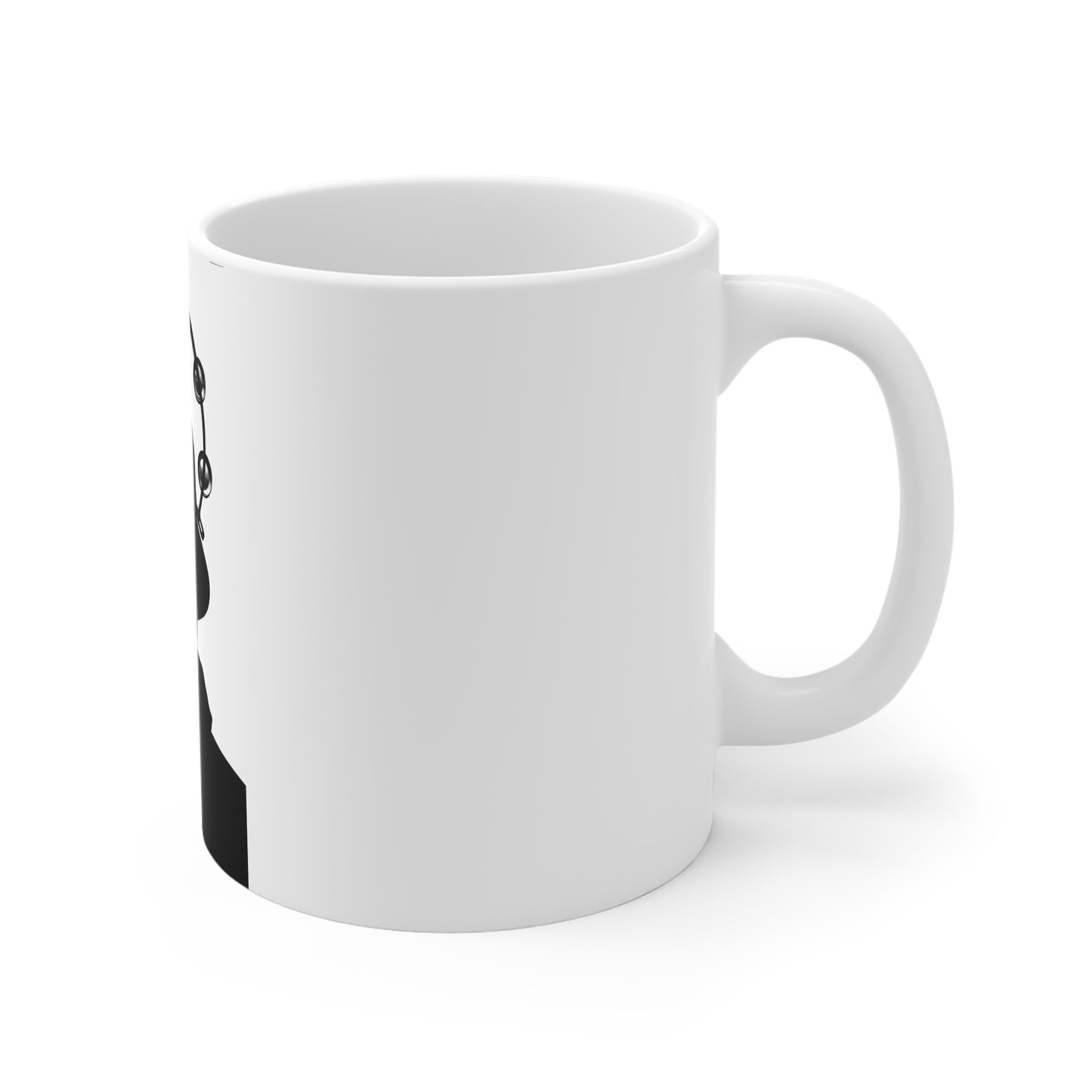 White ceramic coffee mug with black cat design and music notes on left side