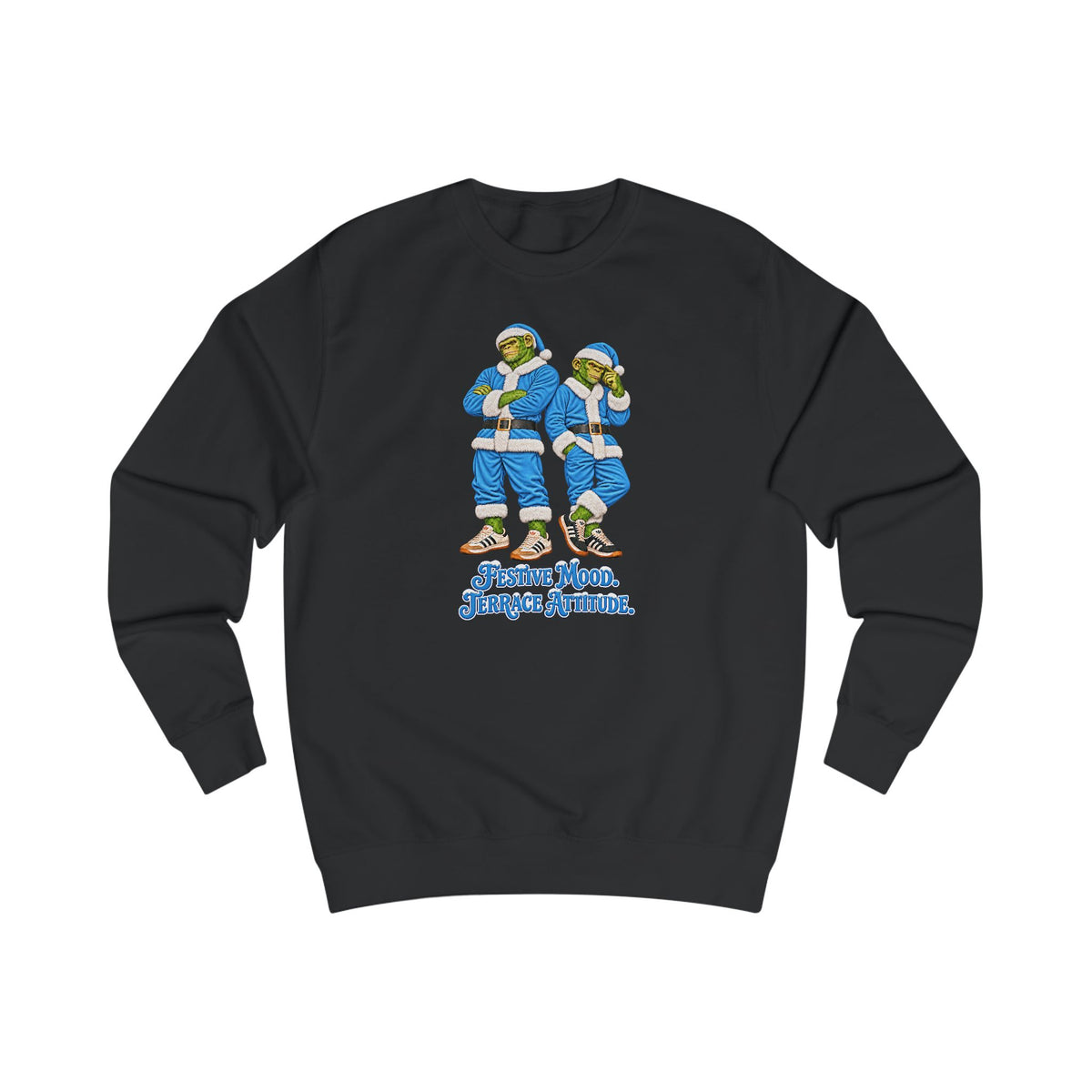 Black Northern Monkeys Christmas jumper with two chimp casuals in sky blue Santa suits
