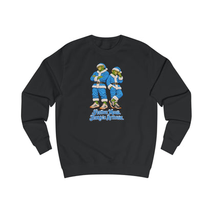 Black Northern Monkeys Christmas jumper with two chimp casuals in sky blue Santa suits