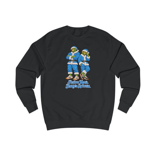 Black Northern Monkeys Christmas jumper with two chimp casuals in sky blue Santa suits