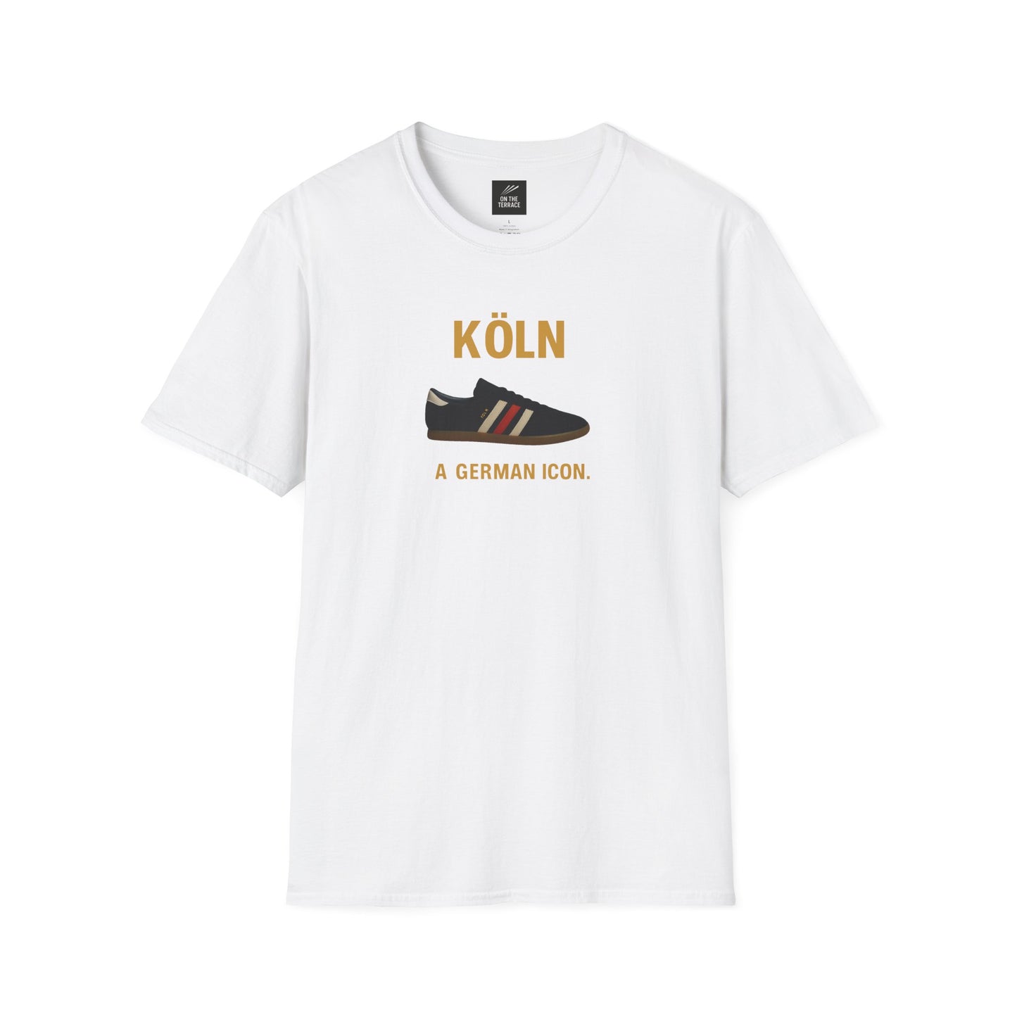 White t-shirt with graphic of black vintage Adidas Köln sneaker and text 'KÖLN A German Icon'