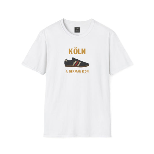 White t-shirt with graphic of black vintage Adidas Köln sneaker and text 'KÖLN A German Icon'