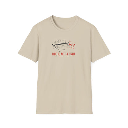 Beige t-shirt with sound meter graphic and 'This Is Not A Drill' text, football casual style