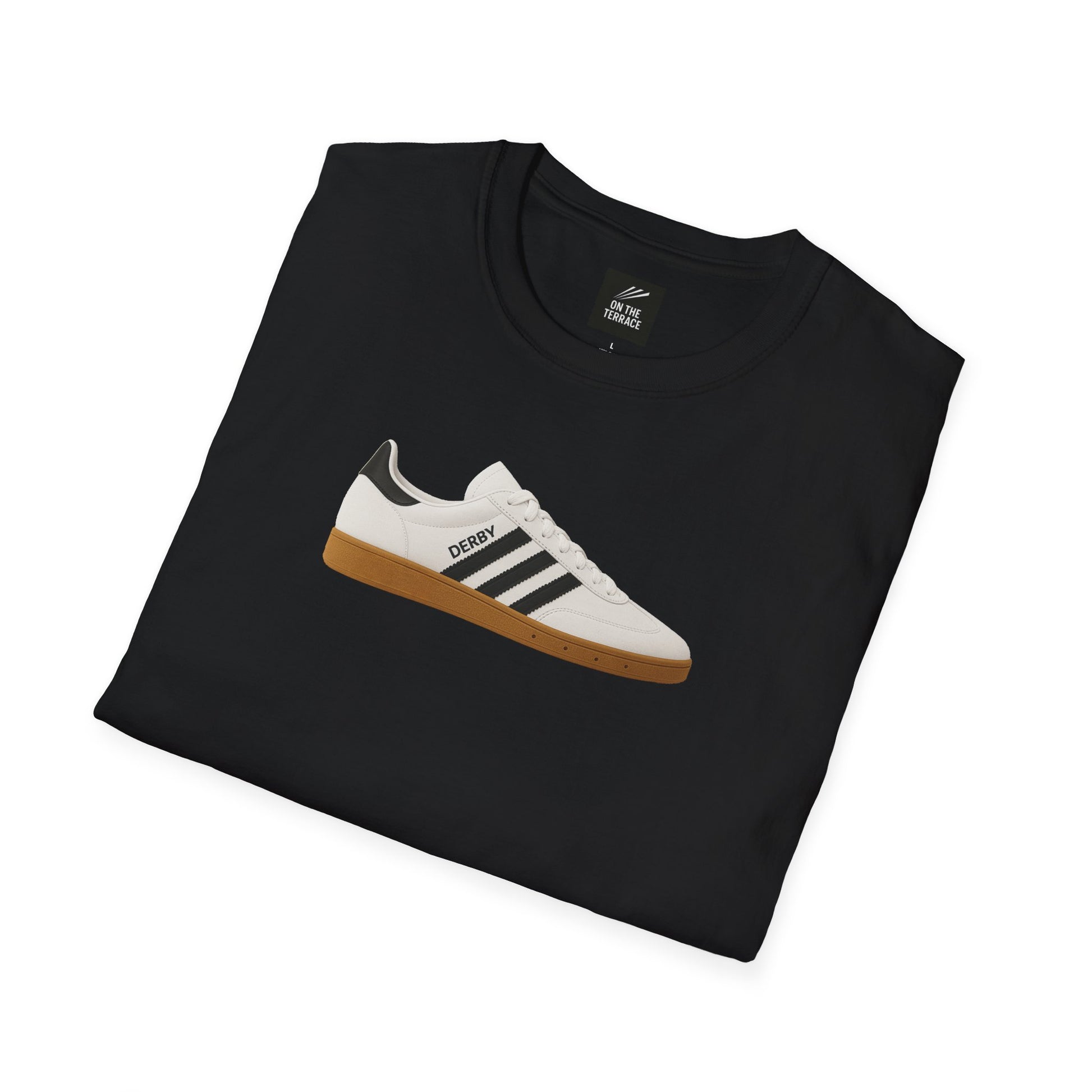 Black folded t-shirt with a graphic of white Derby sneaker with black stripes and gum sole