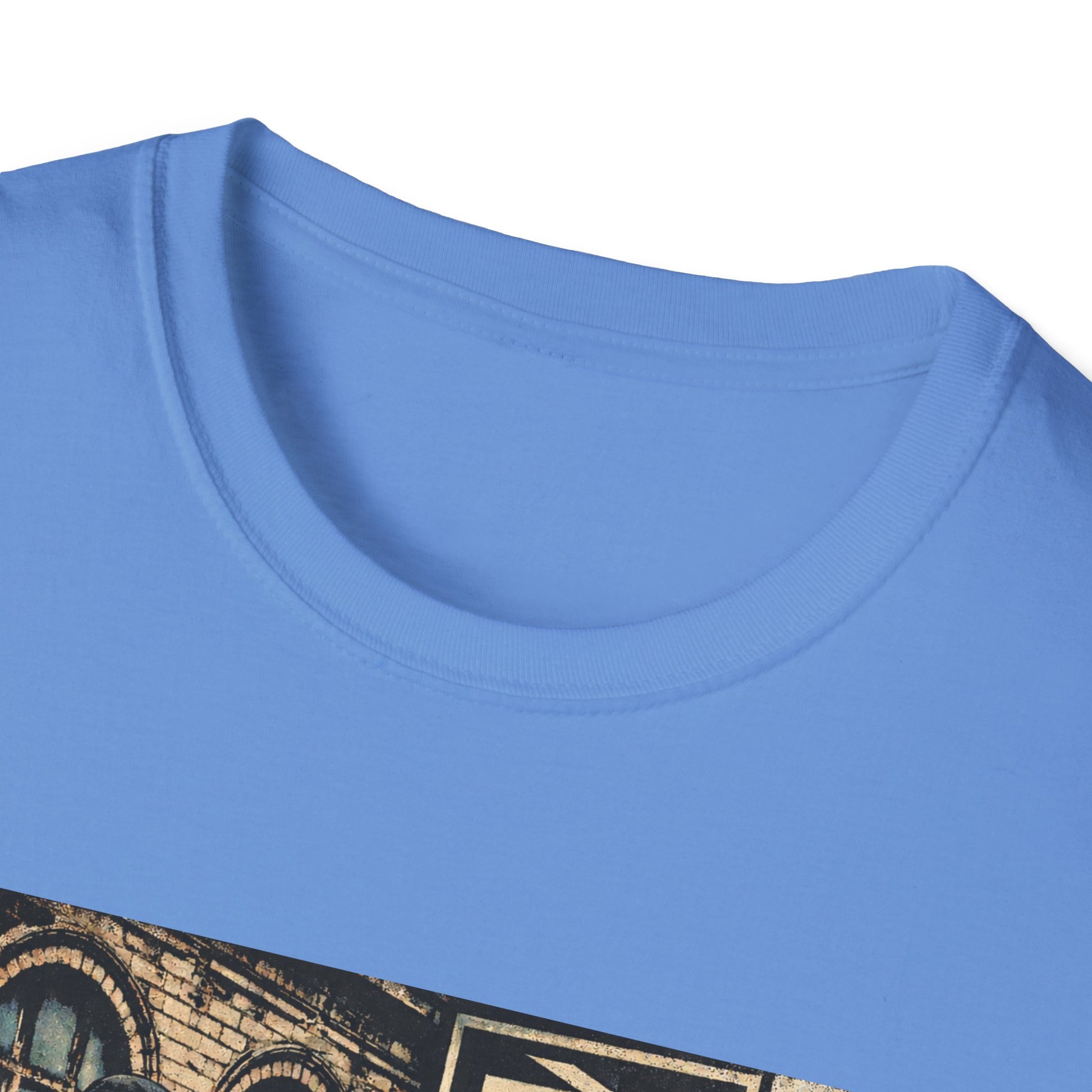 Close-up of a blue t-shirt with a graphic design on a white background