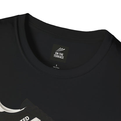 Black cotton T-shirt with On The Terrace label and partial graphic design on front