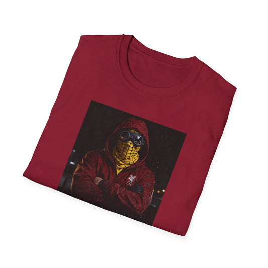 Red Liverpool t-shirt featuring a football casual design of a hooded figure wearing goggles and a yellow face covering in rain