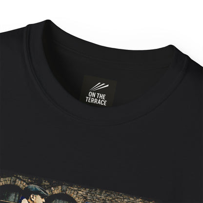 Black t-shirt with 'On The Terrace' label on a white background