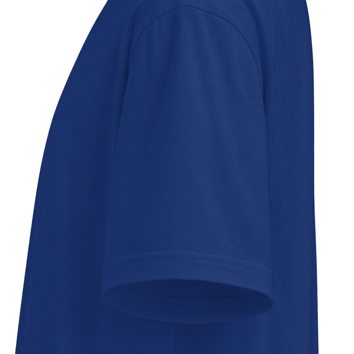 Close-up of the sleeve and stitched hem on royal blue organic cotton tee