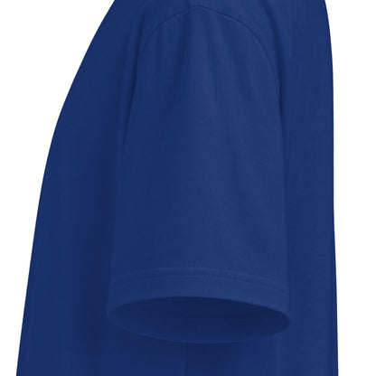 Close-up of the sleeve and stitched hem on royal blue organic cotton tee