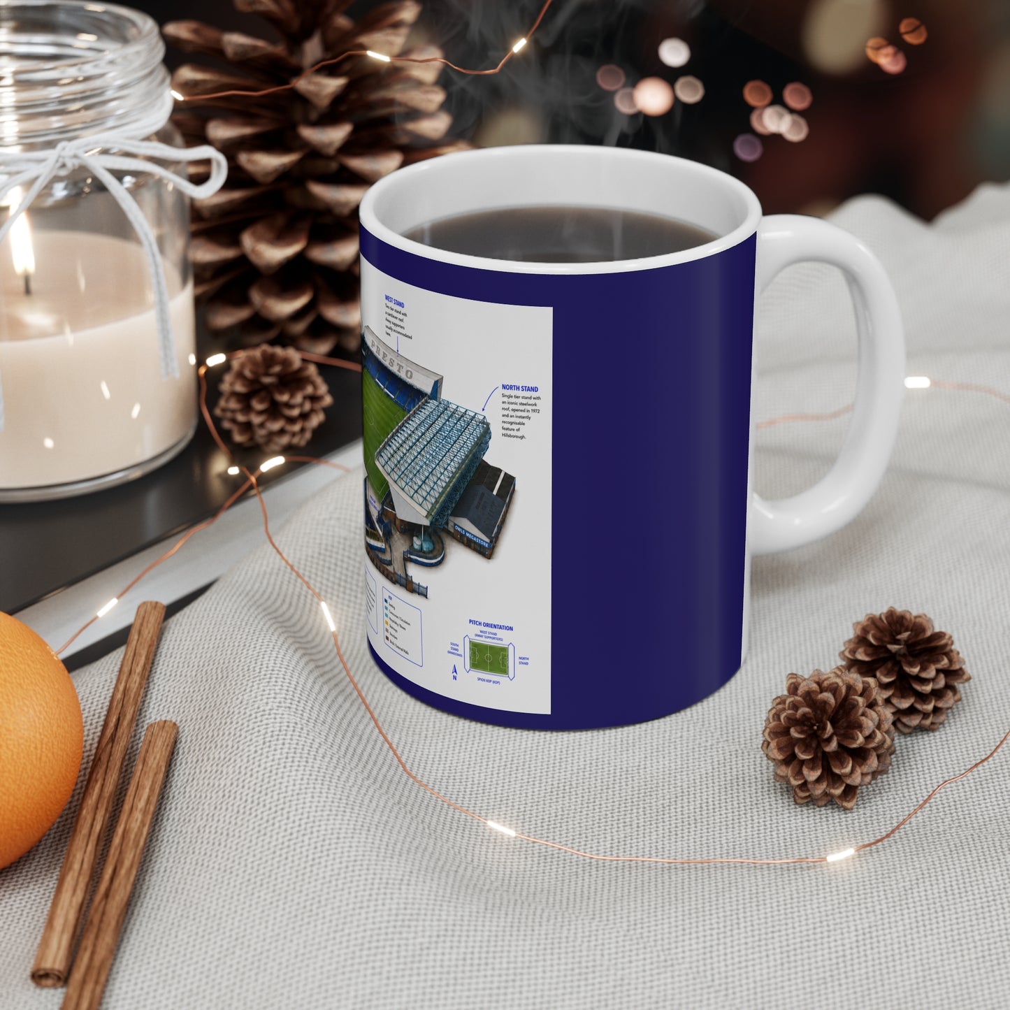 A white ceramic mug with a blue rim featuring a detailed graphic print from the file Front.jpg, showing a 3D isometric architectural guide of Sheffield Wednesday's Hillsborough Stadium with detailed labels, a color-coded key, and stand information.