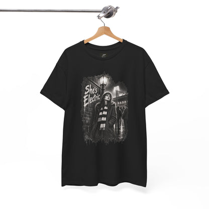 Black Oasis She's Electric T-shirt hanging on a wooden hanger