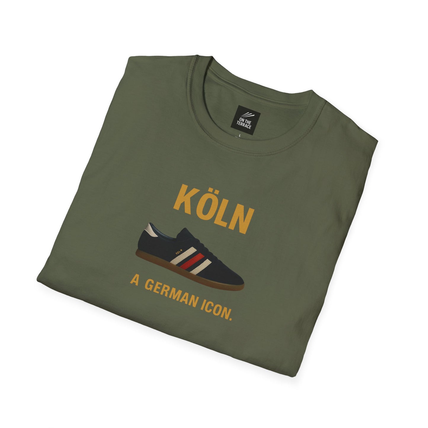 Folded olive green t-shirt with KÖLN text and sneaker graphic, German icon design