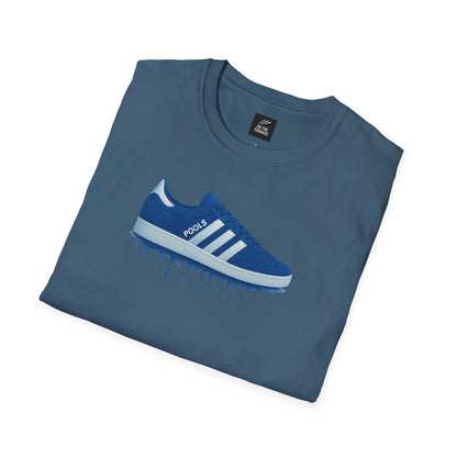 Blue t-shirt with graphic of blue sneaker and white stripes, text 'POOLS' on shoe