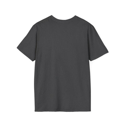 Back view of plain dark gray short sleeve casual t-shirt on white background