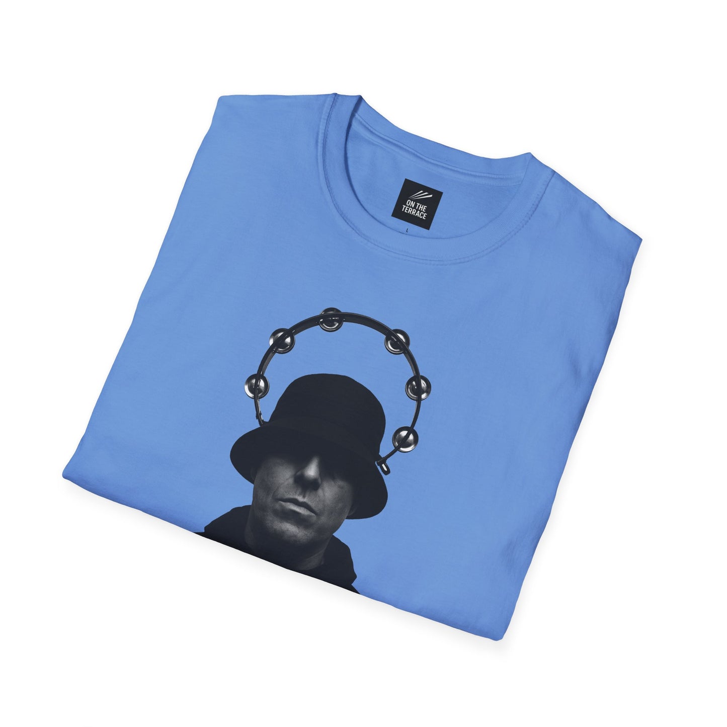 Oasis Liam Gallagher Shirt in sky blue with bold black silhouette and tambourine halo, perfect for Britpop fans and music fashion lovers.