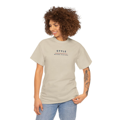 Woman in jeans wearing the sand Style Before Kick-Off football casuals tee