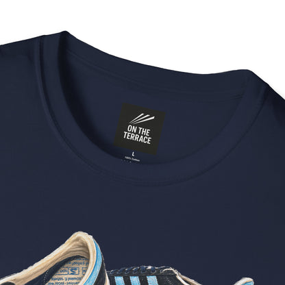 Navy blue retro sneaker graphic t-shirt with vintage trainer and shoebox print