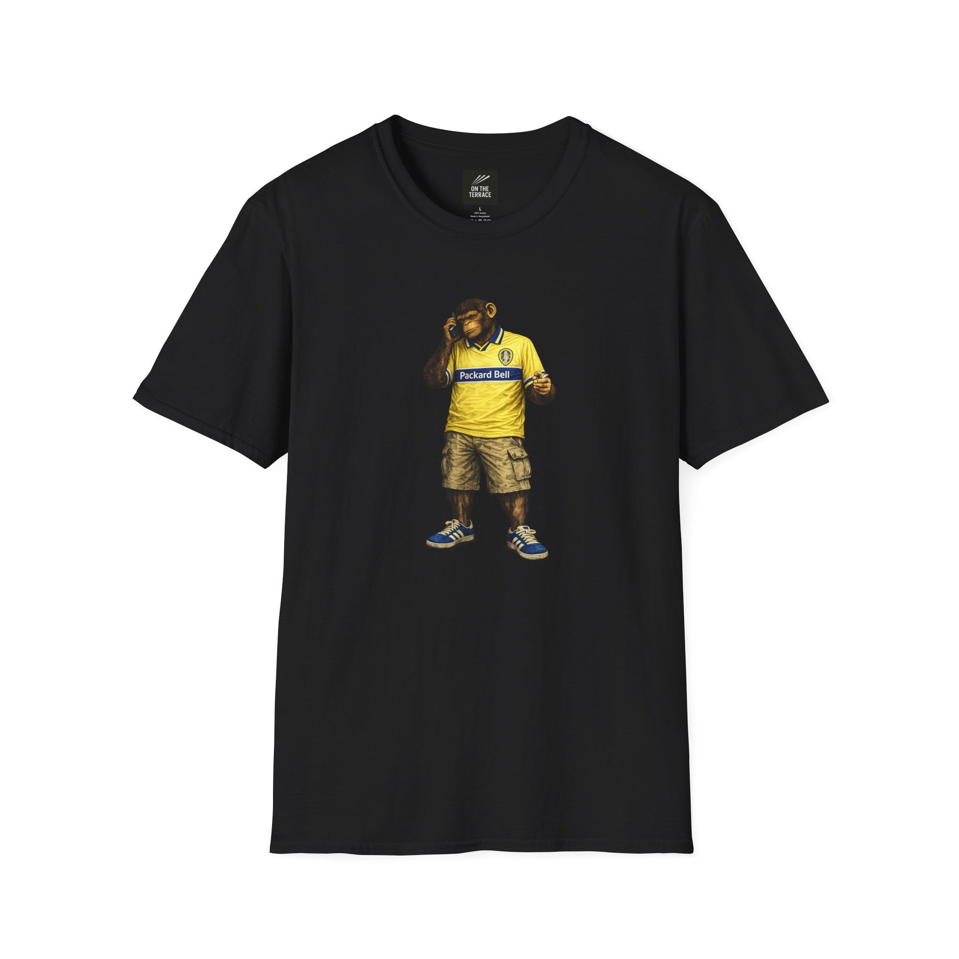 Black lufc -inspired t-shirt featuring a graphic of a chimpanzee in a vintage yellow Sanderson away kit, smoking and using a mobile phone.