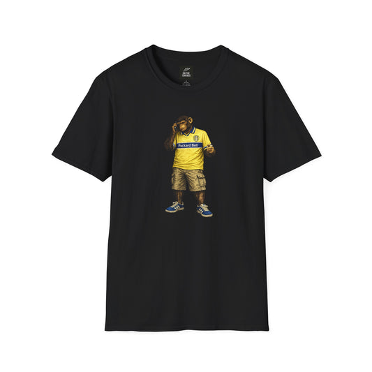 Black lufc -inspired t-shirt featuring a graphic of a chimpanzee in a vintage yellow Sanderson away kit, smoking and using a mobile phone.