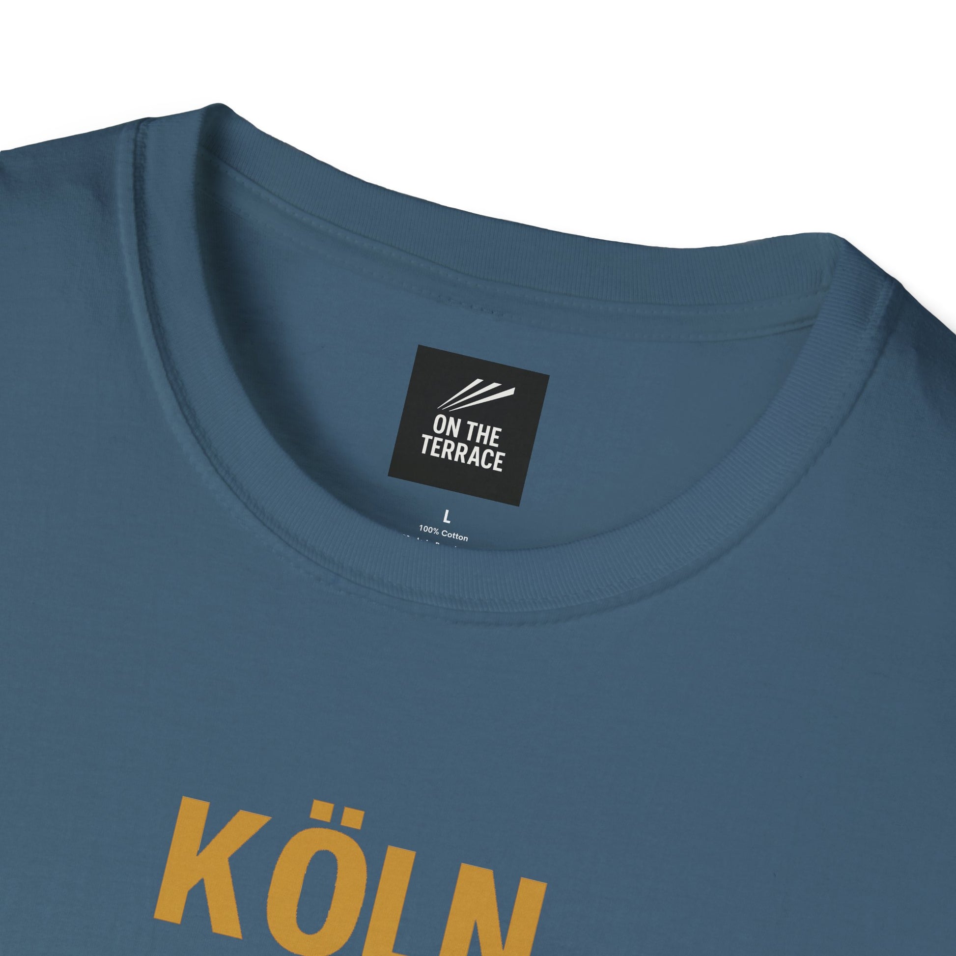 Blue cotton t-shirt with 'KÖLN' print and On The Terrace brand label, size L