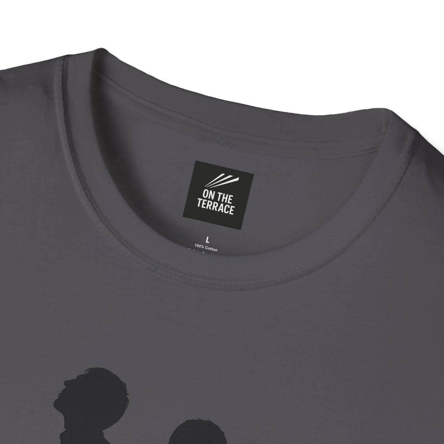 Gray cotton t-shirt with On The Terrace label and silhouette graphic print on front