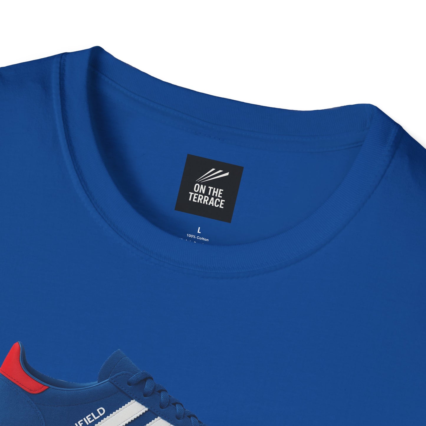 Blue cotton T-shirt with On The Terrace label and partial blue sneaker print