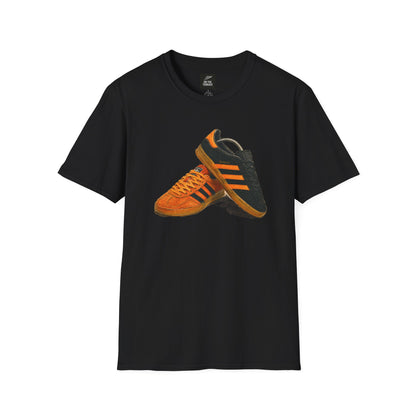 Black t-shirt with orange retro sneaker graphic print showing detailed side and sole view