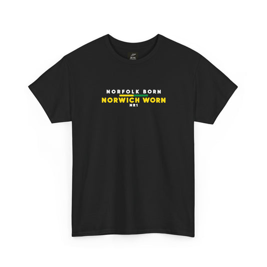 Black Norwich City T-shirt, front view with Norfolk Born Norwich Worn NR1 chest print