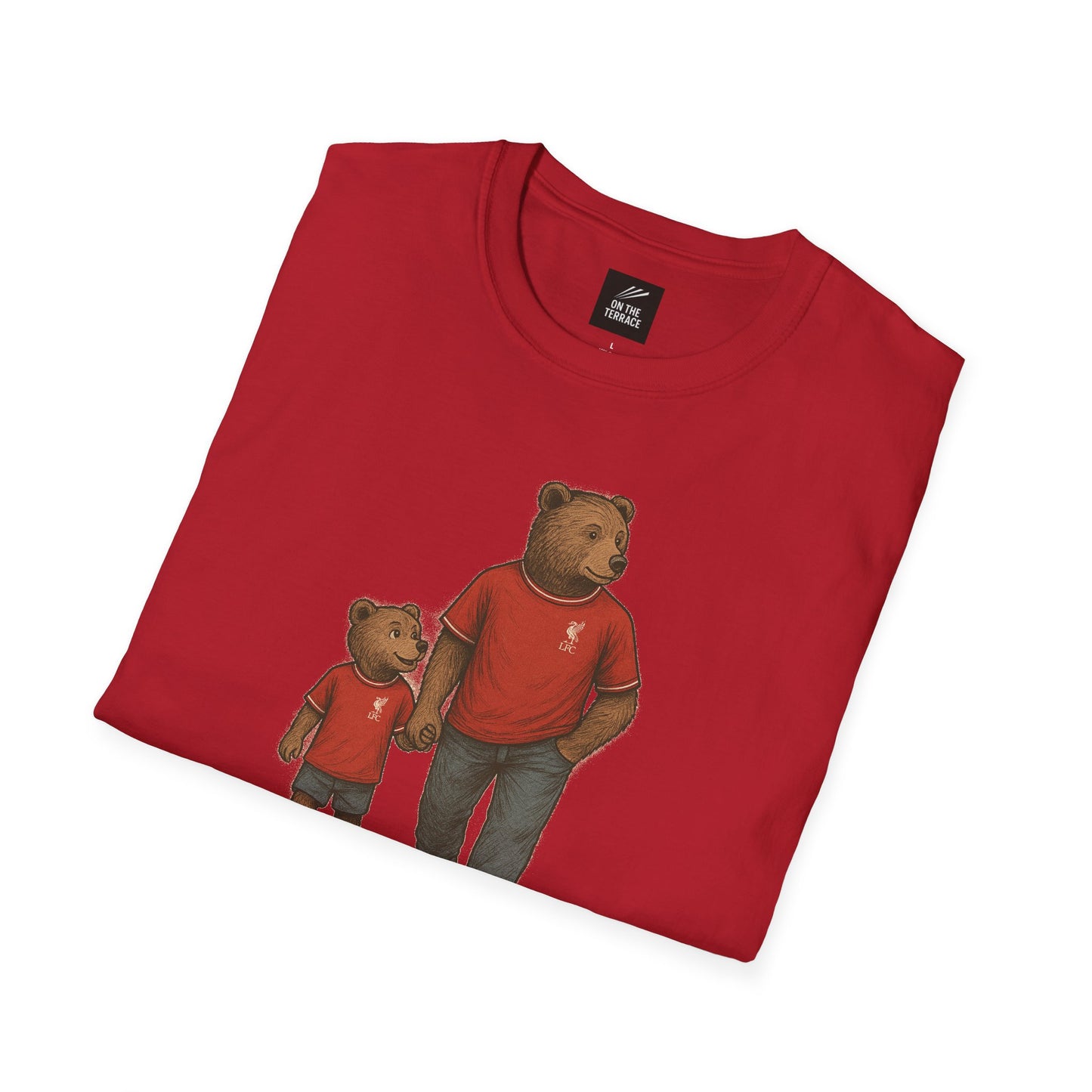 Liverpool T-Shirt in LFC red featuring a father and son bear graphic in matching outfits, ideal for football fans and family gift ideas.