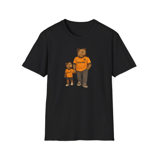 Black t-shirt with graphic of two brown bears in matching orange AstroPisy shirts and casual shoes