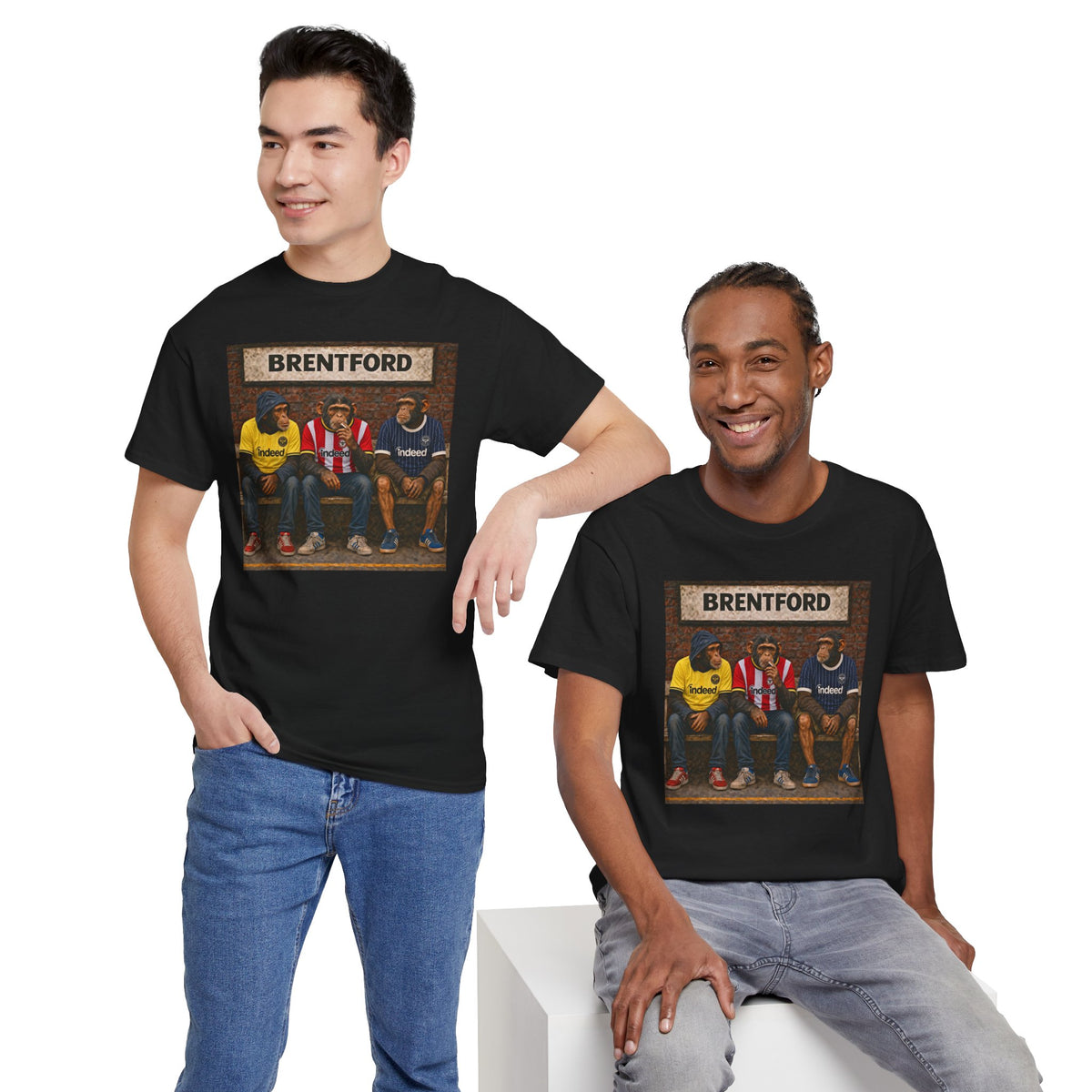 Brentford Station Bench Trio terrace t-shirt in black, product mockup - On The Terrace casual wear