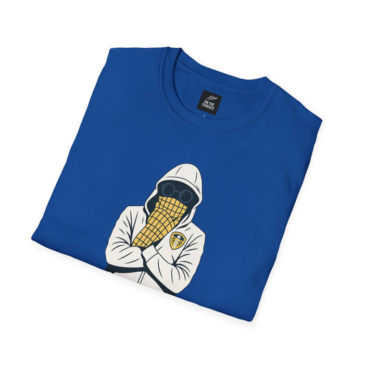 Leeds United Blue t-shirt with graphic of hooded figure wearing glasses and Leeds United scarf crossing arms