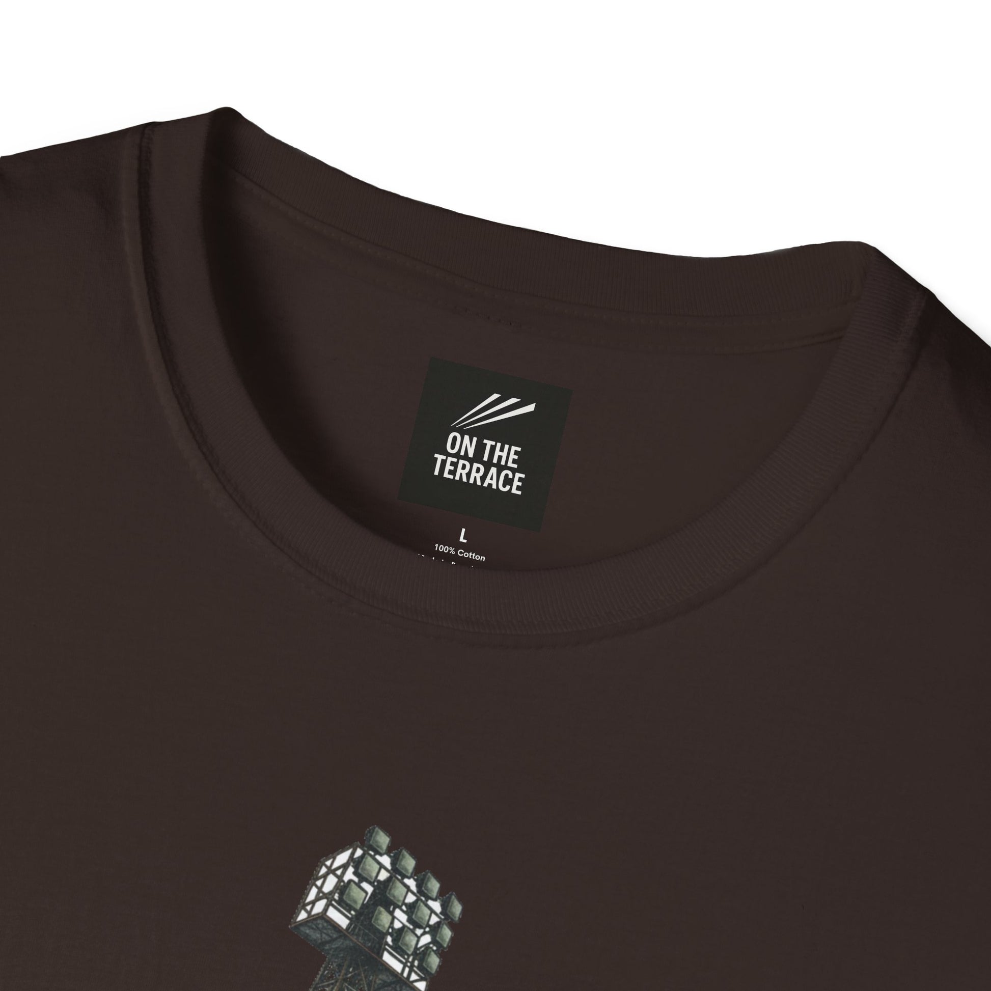 Black cotton T-shirt with On The Terrace label and partial stadium floodlight graphic