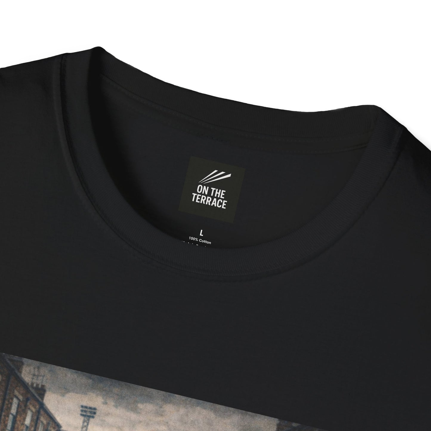 close up of a Black graphic t-shirt by On The Terrace featuring a cinematic image of football fans walking through a terraced street toward a stadium