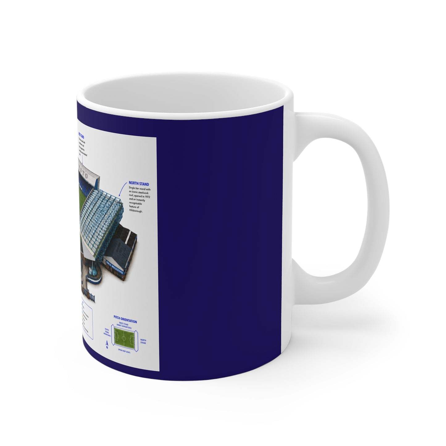 A white ceramic mug with a blue rim featuring a detailed graphic print from the file Front.jpg, showing a 3D isometric architectural guide of Sheffield Wednesday's Hillsborough Stadium with detailed labels, a color-coded key, and stand information.