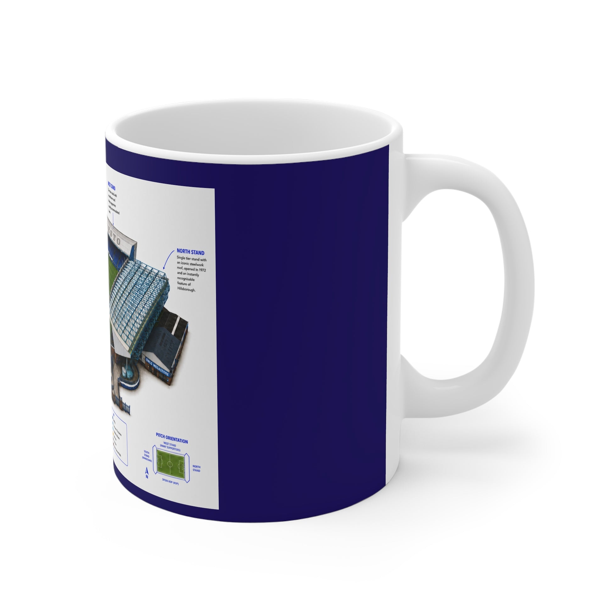 A white ceramic mug with a blue rim featuring a detailed graphic print from the file Front.jpg, showing a 3D isometric architectural guide of Sheffield Wednesday's Hillsborough Stadium with detailed labels, a color-coded key, and stand information.