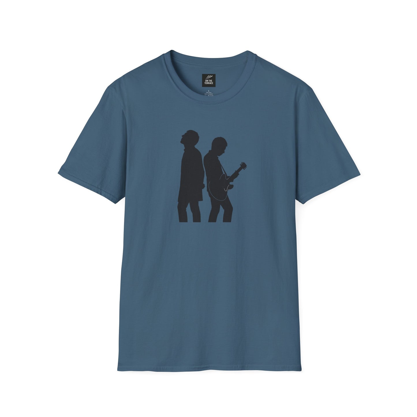 blue t-shirt with black silhouette of two musicians, one playing guitar, design on front