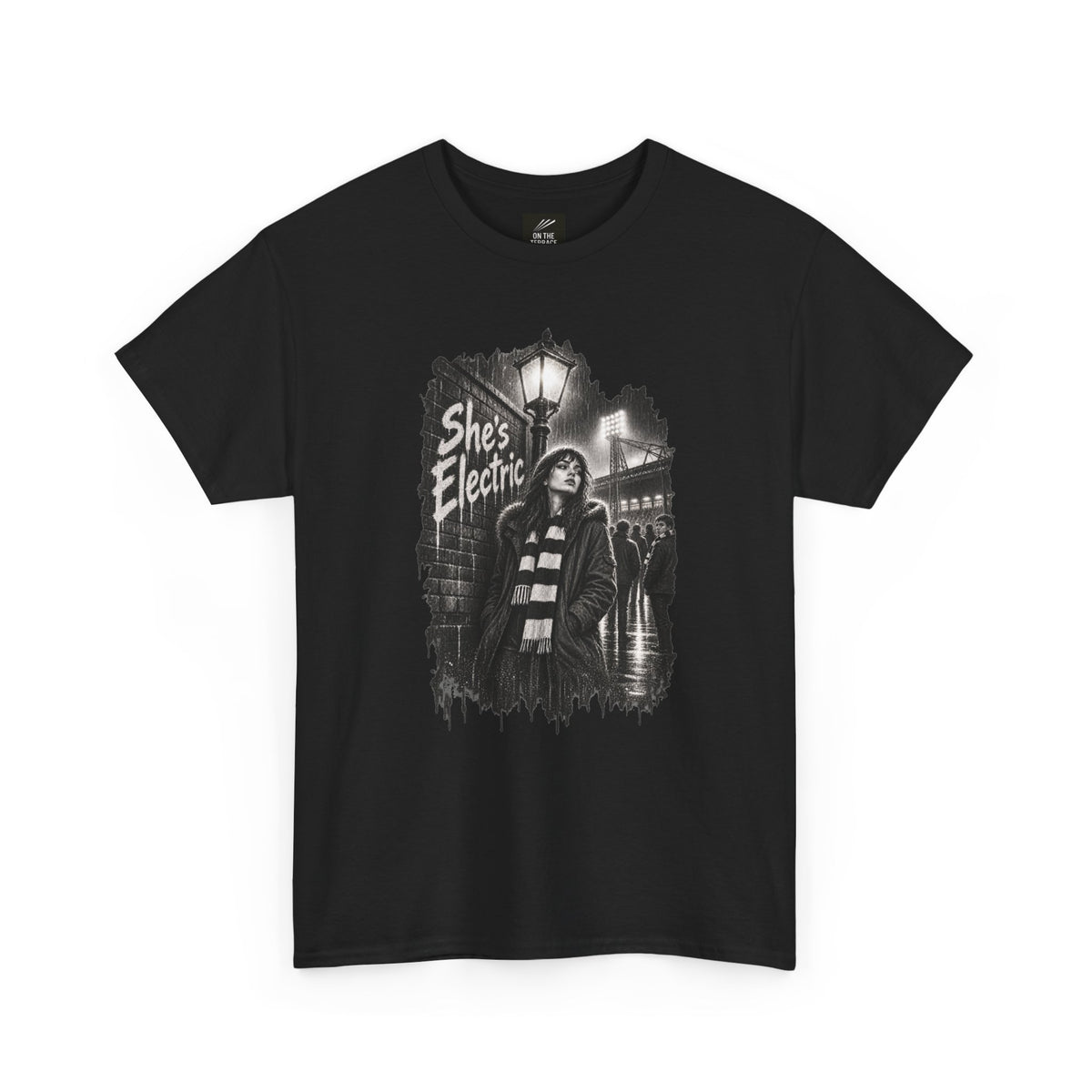 Black Oasis She's Electric T-shirt, front view with monochrome night-game streetlamp graphic