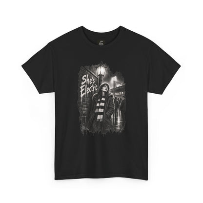 Black Oasis She's Electric T-shirt, front view with monochrome night-game streetlamp graphic