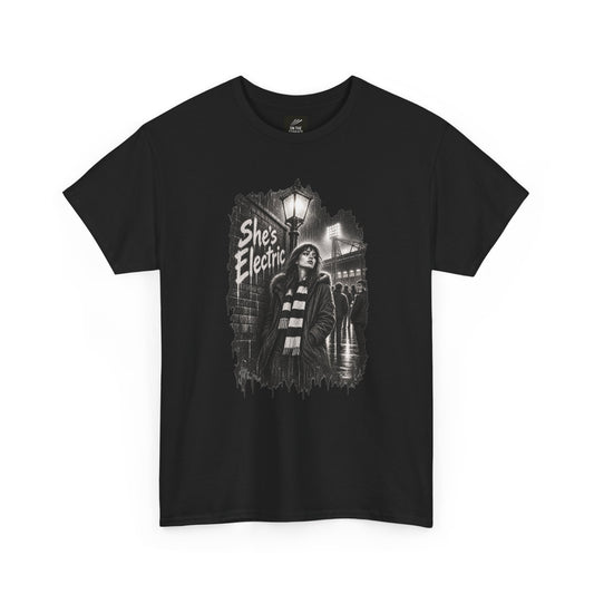 Black Oasis She's Electric T-shirt, front view with monochrome night-game streetlamp graphic