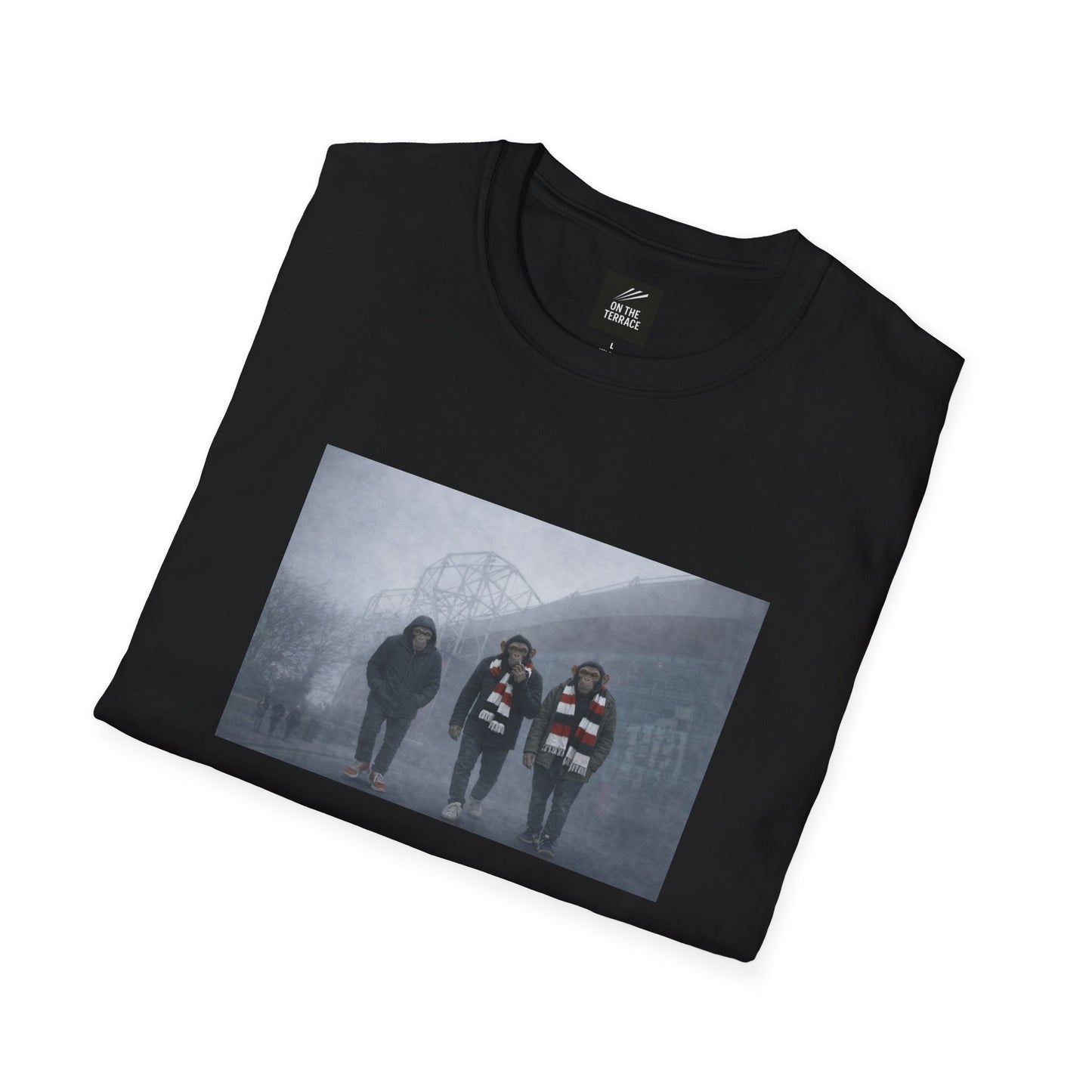 MUFC Black t-shirt with a graphic of four people in a misty landscape on a white background