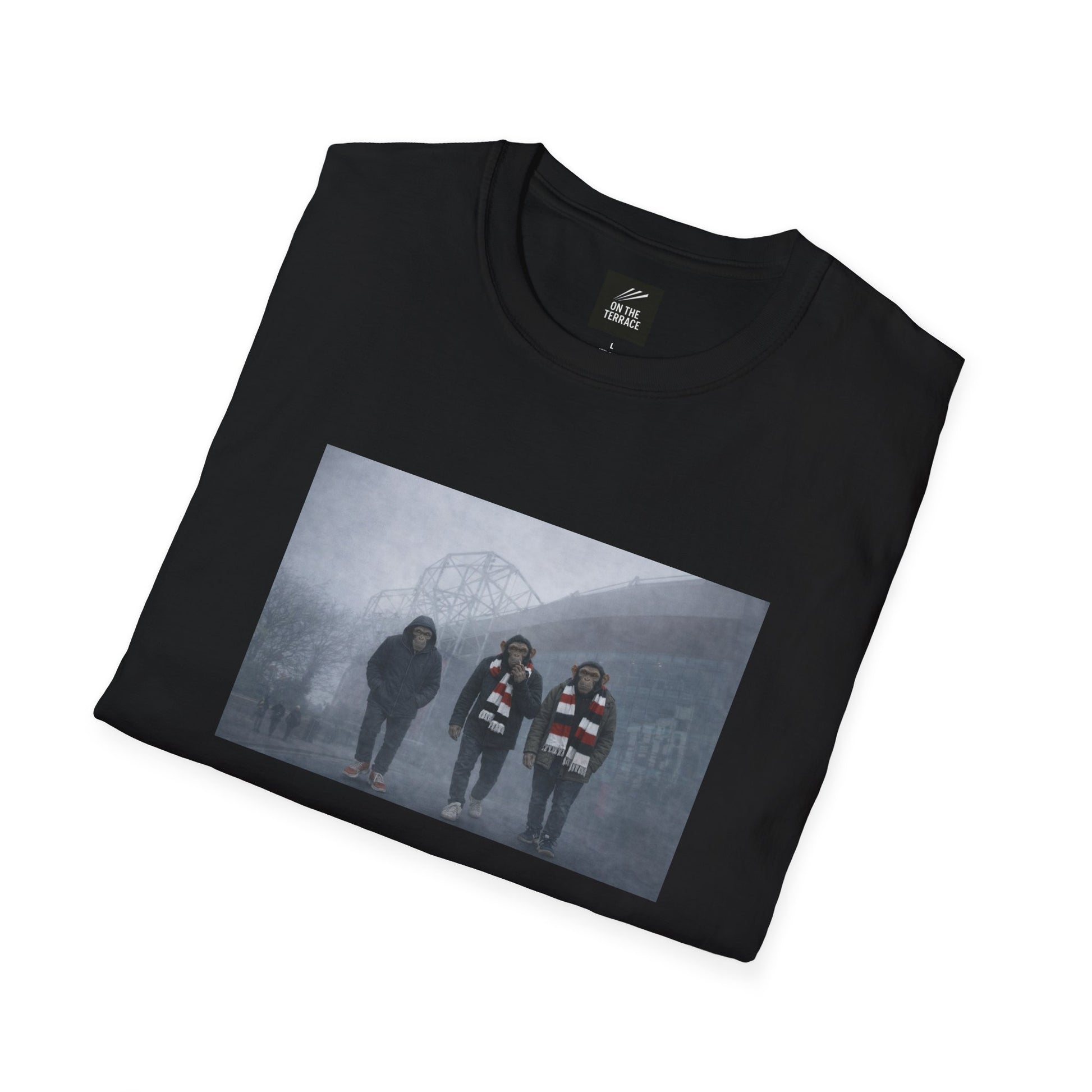 MUFC Black t-shirt with a graphic of four people in a misty landscape on a white background