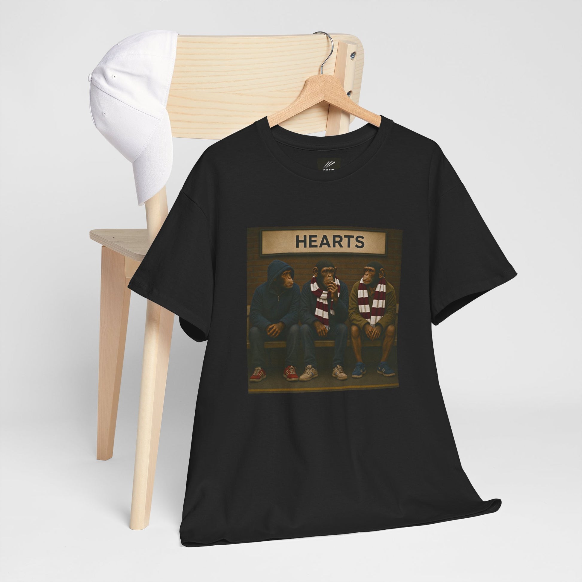 Terrace Monkeys Hearts T-shirt with railway platform and maroon supporter artwork
