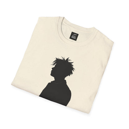 Off-white T-shirt with black silhouette of a person's head and spiky hair folded on white background