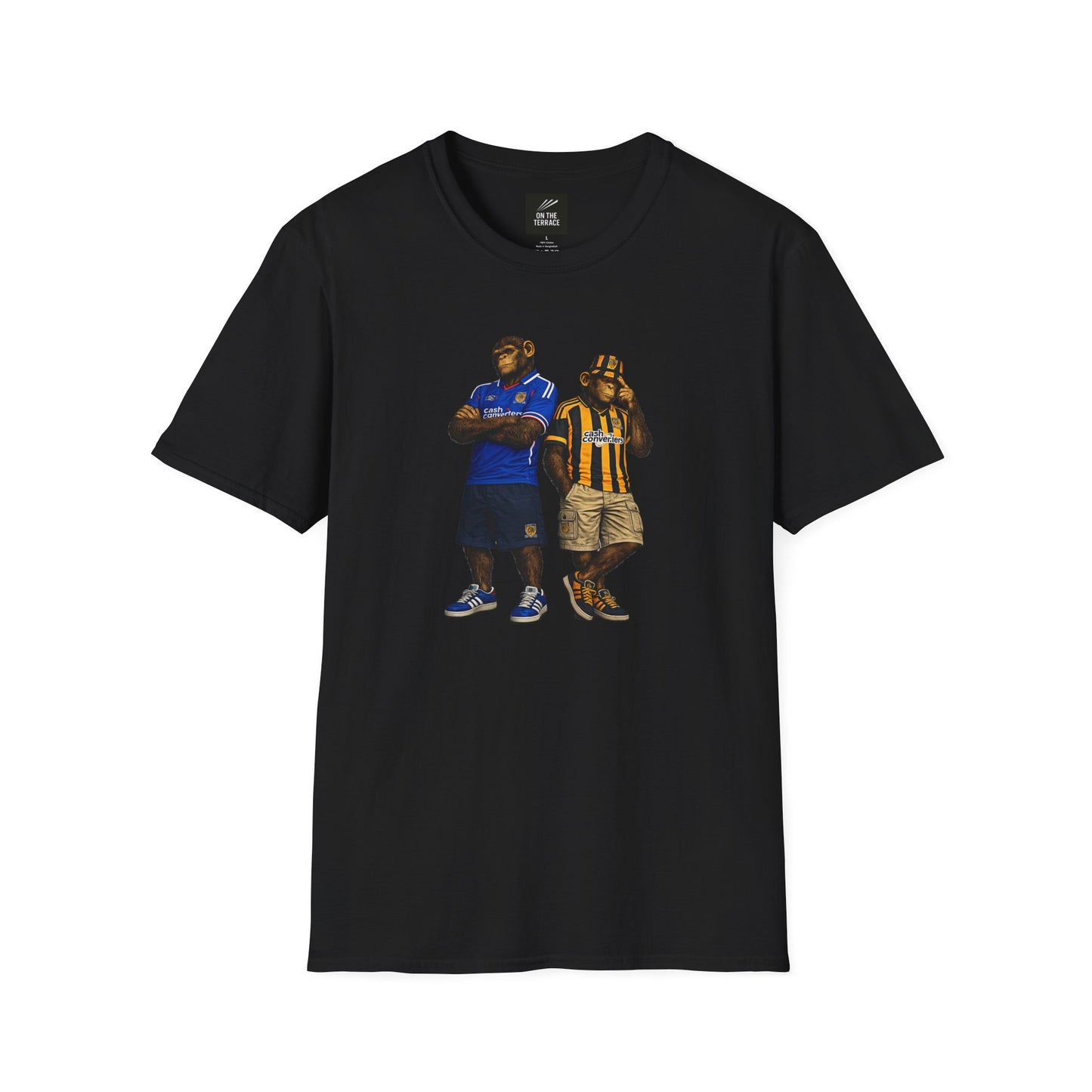 On The Terrace Northern Monkeys black graphic t-shirt featuring retro Hull City black and amber inspired terrace casuals artwork.