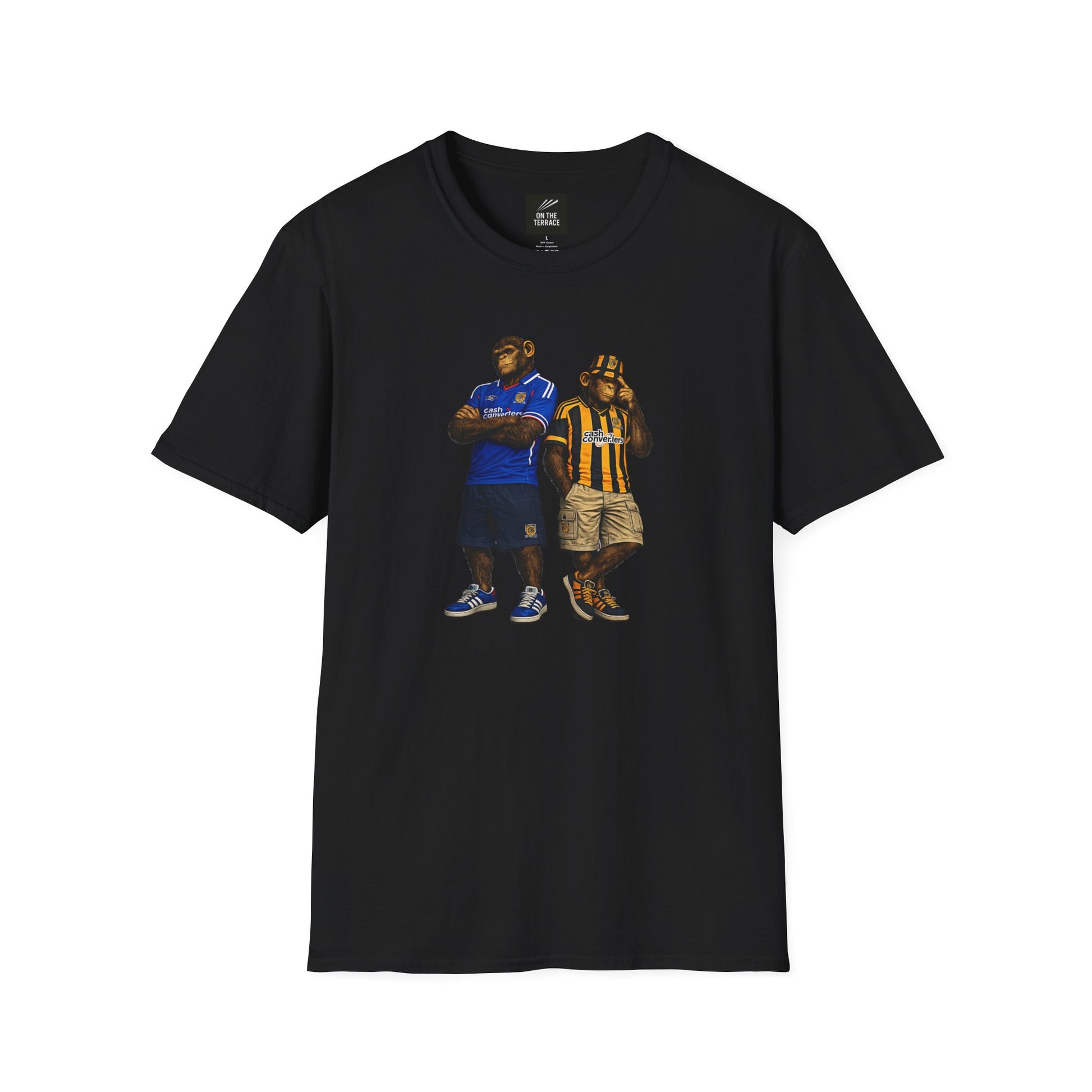 On The Terrace Northern Monkeys black graphic t-shirt featuring retro Hull City black and amber inspired terrace casuals artwork.