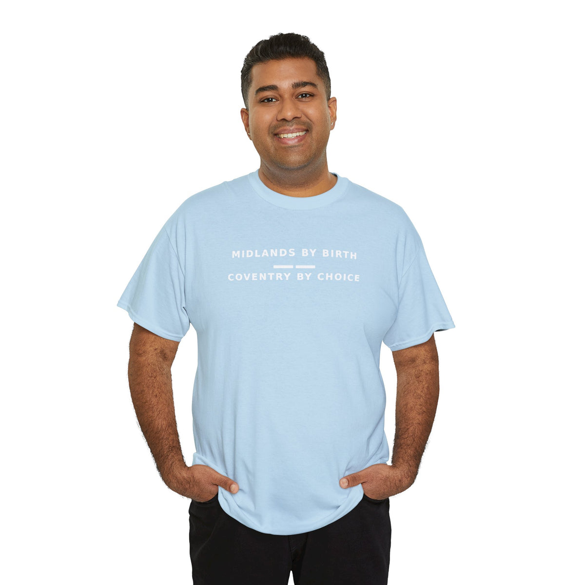 Man wearing the sky blue Midlands By Birth, Coventry By Choice tee