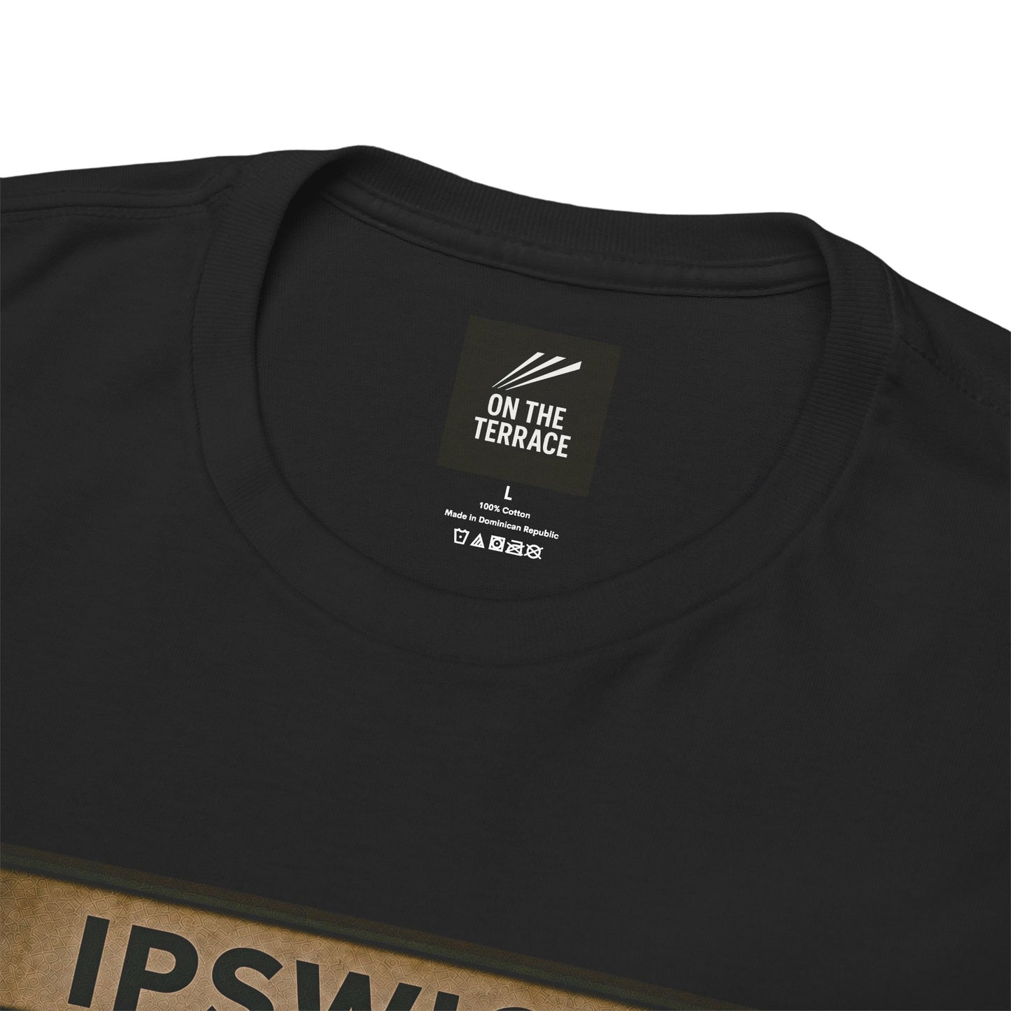 Close-up of a black short-sleeve Ipswich t-shirt showing the inner neck label which reads 'ON THE TERRACE'.