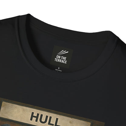 On The Terrace Northern Monkeys black graphic t-shirt featuring three casual monkeys on a bench under a Hull train station sign.